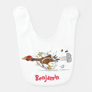 Funny running cool chicken cartoon illustration baby bib