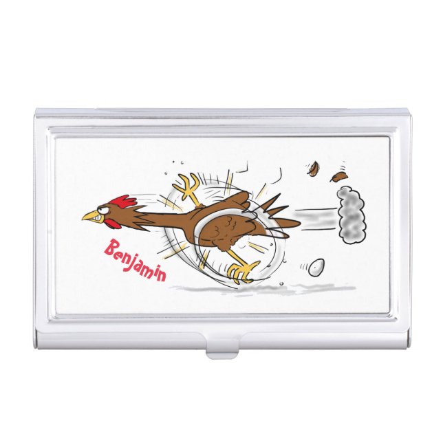 Funny running cool chicken cartoon illustration business card case (Front)