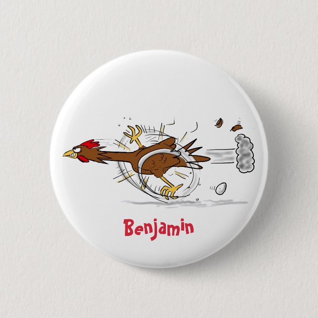 Funny running cool chicken cartoon illustration button (Front)