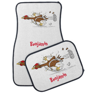 Funny running cool chicken cartoon illustration  car floor mat
