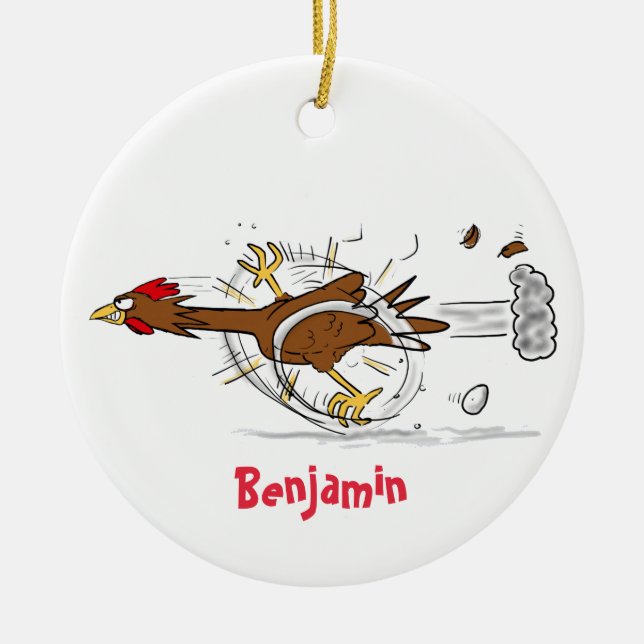Funny running cool chicken cartoon illustration ceramic ornament (Front)