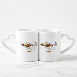 Funny running cool chicken cartoon illustration coffee mug set