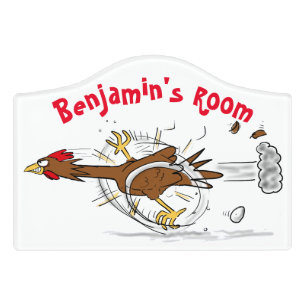 Funny running cool chicken cartoon illustration door sign