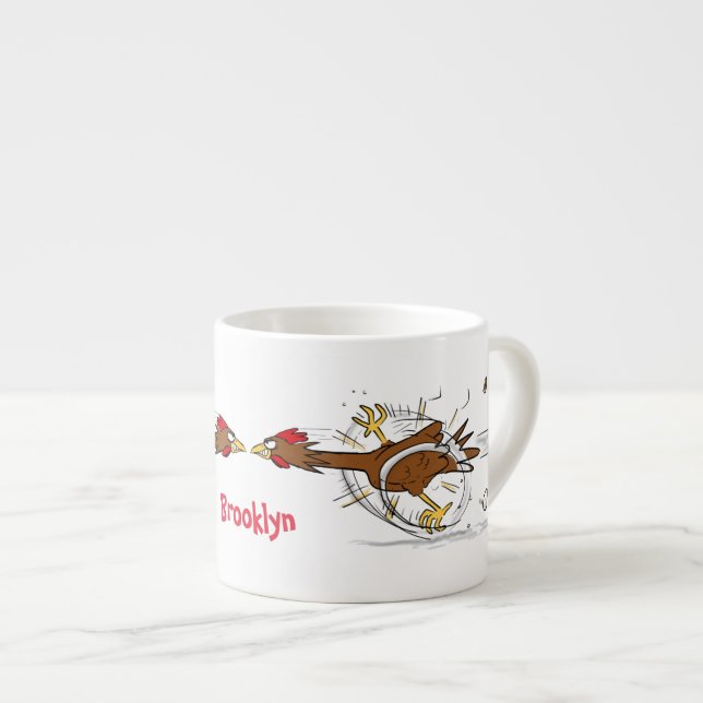 Funny running cool chicken cartoon illustration espresso cup (Front Right)