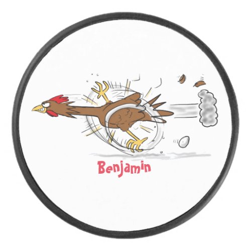 Funny running cool chicken cartoon illustration hockey puck