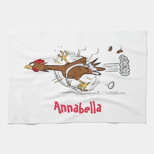 Funny running cool chicken cartoon illustration kitchen towel (Horizontal)