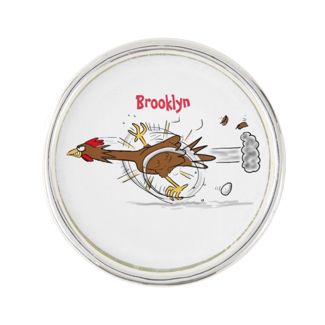 Funny running cool chicken cartoon illustration lapel pin (Front)