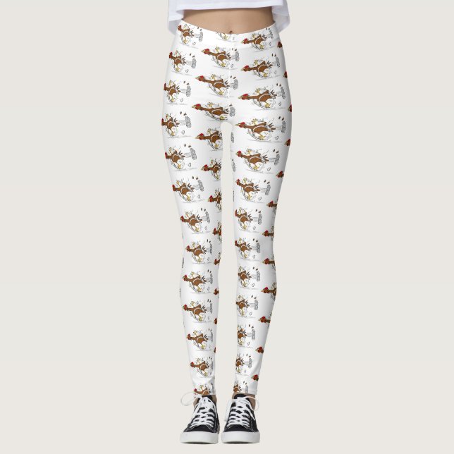 Funny running cool chicken cartoon illustration leggings (Front)