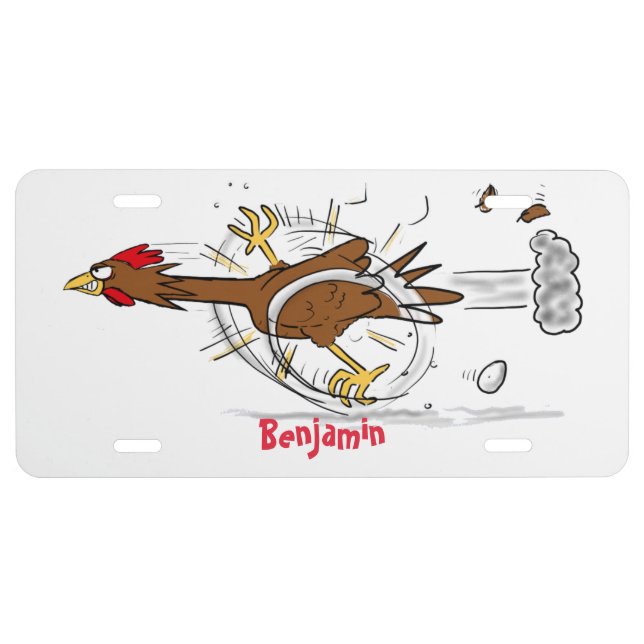 Funny running cool chicken cartoon illustration license plate (Front)