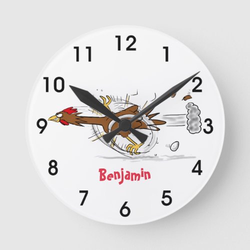 Funny running cool chicken cartoon illustration round clock