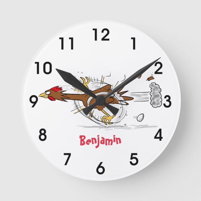 Funny running cool chicken cartoon illustration round clock (Front)