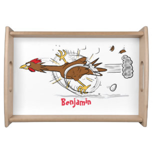 Funny running cool chicken cartoon illustration serving tray