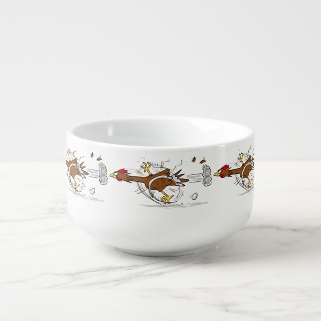 Funny running cool chicken cartoon illustration soup mug (Front)