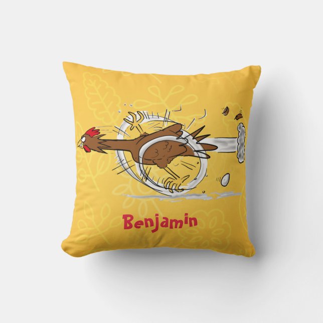 Funny running cool chicken cartoon illustration throw pillow (Front)