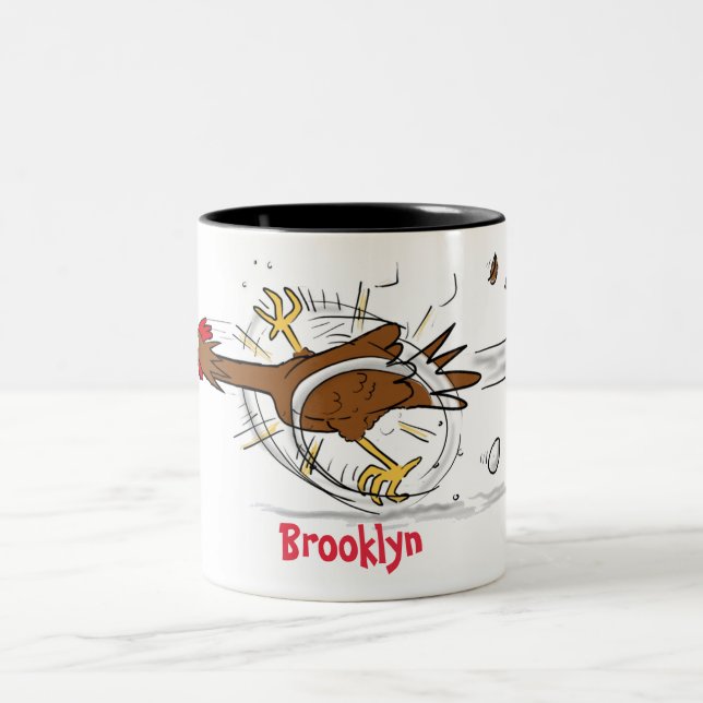 Funny running cool chicken cartoon illustration Two-Tone coffee mug (Center)