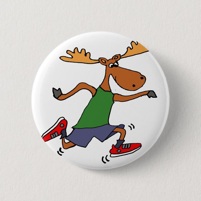 Funny Running Moose cartoon Button (Front)