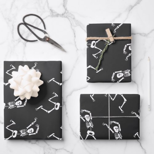 Funny Running Skeleton Black and White Halloween Wrapping Paper Sheets