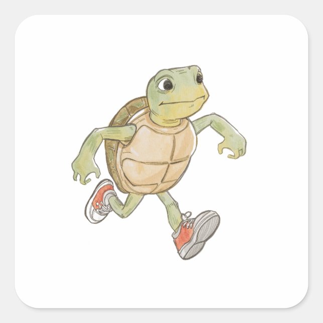 Funny Running Turtle Sticker, Cartoon Animal Decal Square Sticker (Front)
