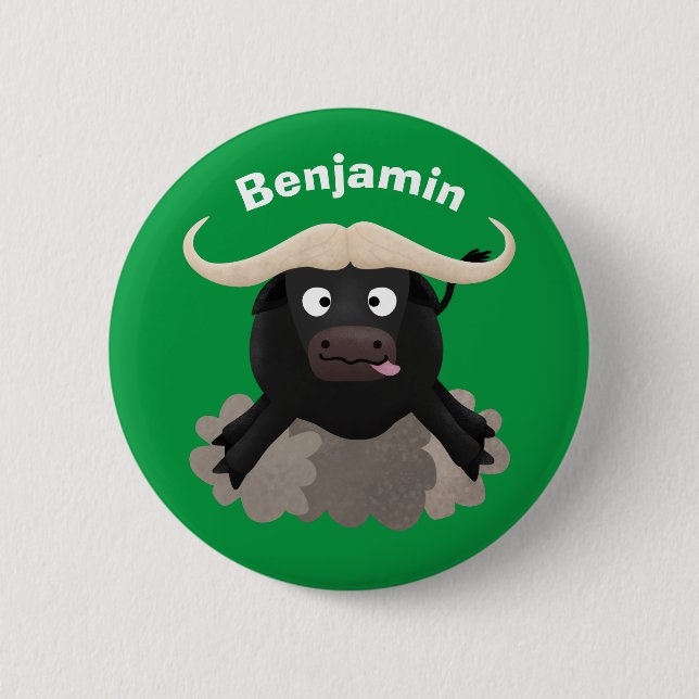 Funny running water buffalo cartoon button (Front)