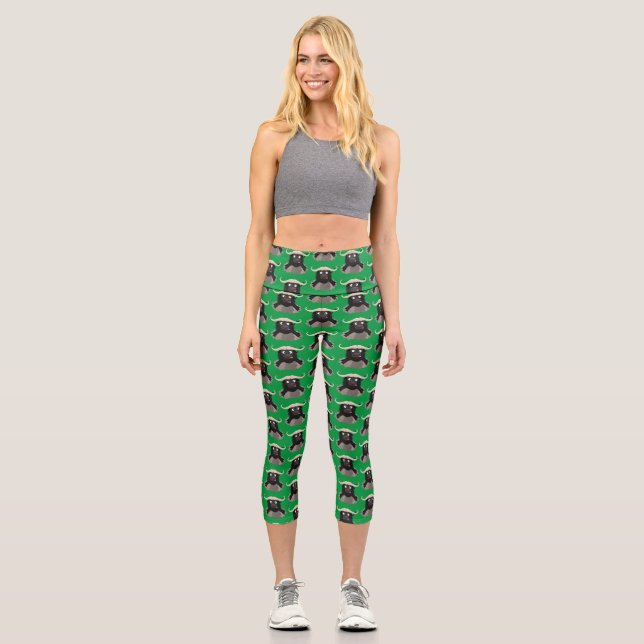 Funny running water buffalo cartoon capri leggings (Front)