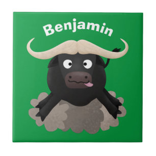 Funny running water buffalo cartoon ceramic tile