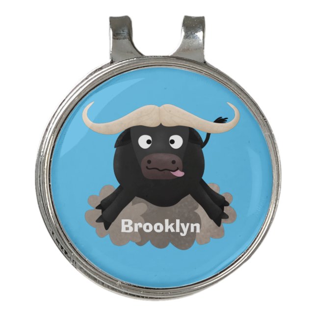 Funny running water buffalo cartoon golf hat clip (Front)