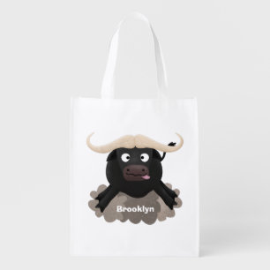 Funny running water buffalo cartoon grocery bag