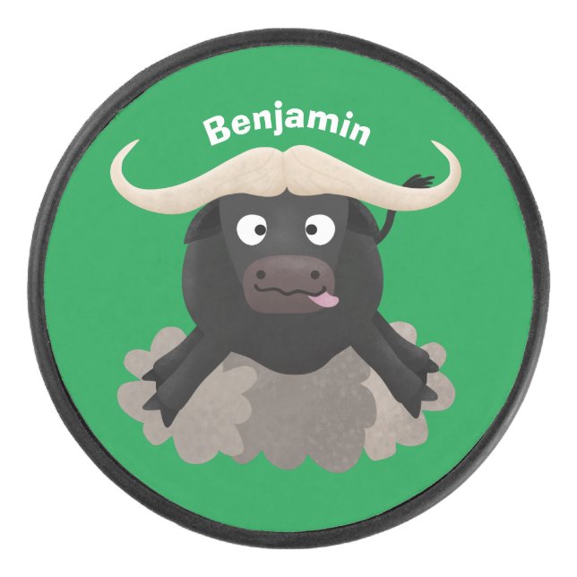 Funny running water buffalo cartoon hockey puck (Front)