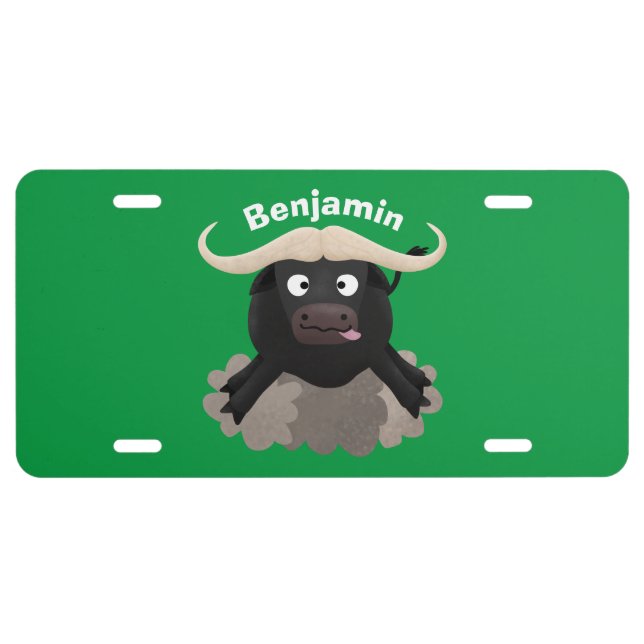 Funny running water buffalo cartoon  license plate (Front)