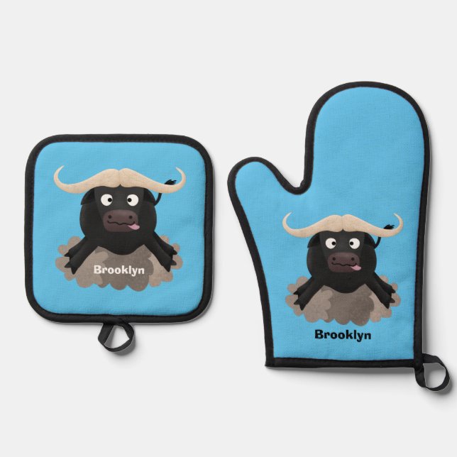 Funny running water buffalo cartoon oven mitt & pot holder set (Front)