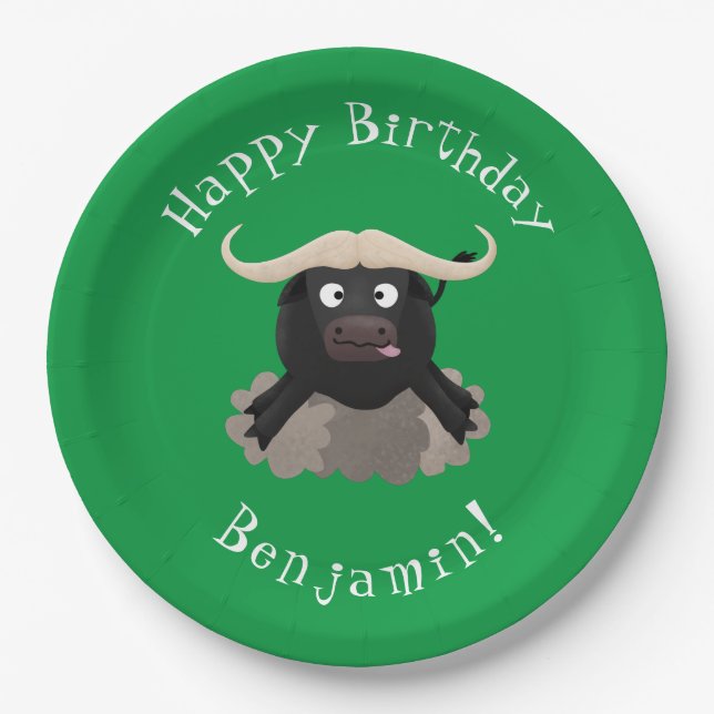 Funny running water buffalo cartoon paper plates (Front)