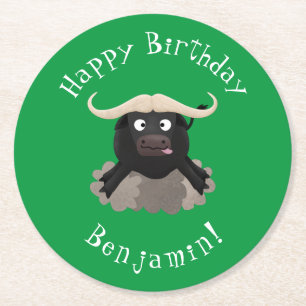 Funny running water buffalo cartoon round paper coaster