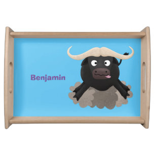 Funny running water buffalo cartoon serving tray