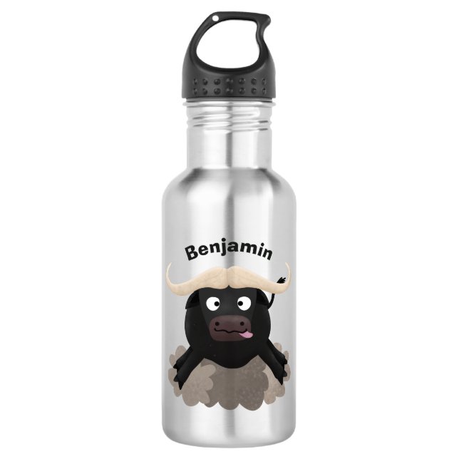 Funny running water buffalo cartoon stainless steel water bottle (Front)