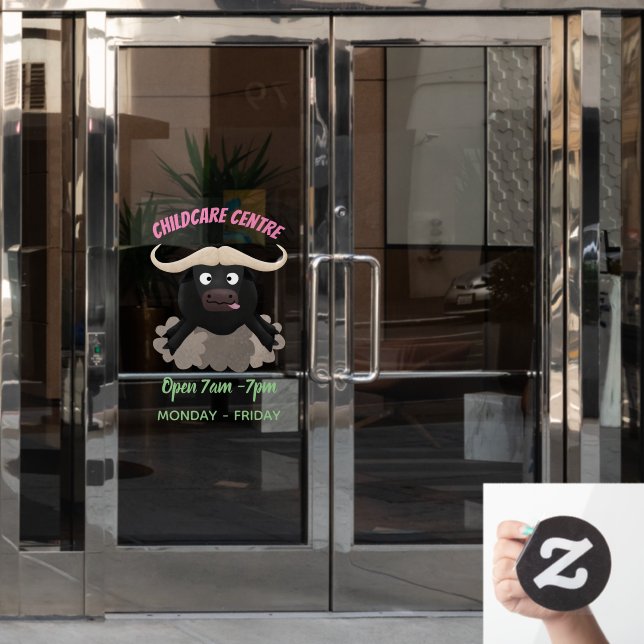 Funny running water buffalo cartoon window cling (Office Door)