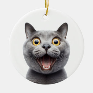 FUNNY RUSSIAN BLUE GRAY CAT SURPRISED CAT FACE CERAMIC ORNAMENT