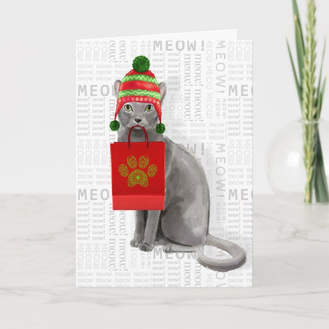 Funny Russian Blue Grey Christmas Cat Card (Front)