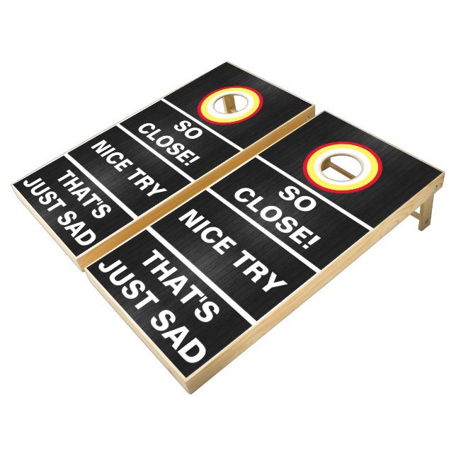 Funny Rustic Black Wood Bean Bag Toss Cornhole Set (Angled)