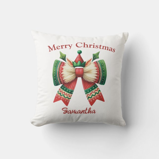Funny rustic Christmas bow with elf's hat Throw Pillow (Front)