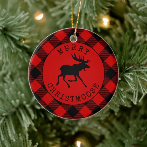 Funny Rustic Merry Christmoose Red Plaid Ceramic Ornament