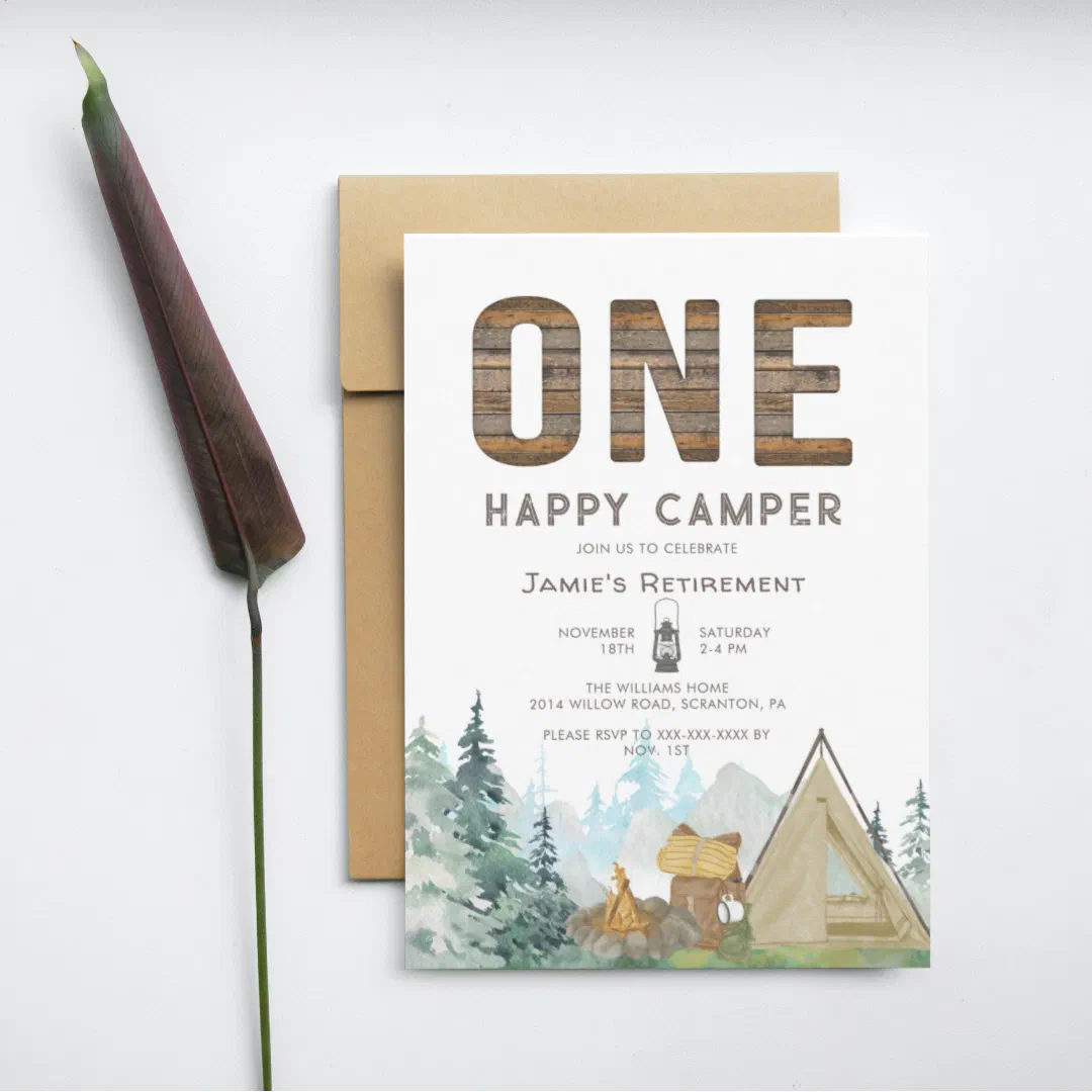 Funny Rustic One Happy Camper Retirement Invitation (Creator Uploaded)