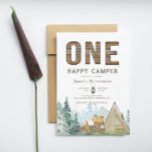 Funny Rustic One Happy Camper Retirement Invitation<br><div class="desc">This fun rustic invitation has a wood paneled "ONE" and happy camper. The bottom has a watercolor forest,  mountains and scenery. It is finished by the tan,  green and brown camping items which include a tent and fireplace. The back has a pattern of the same watercolor tent.</div>