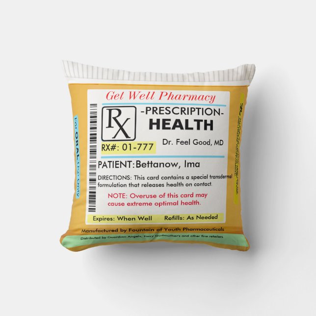Funny RX Prescription for Health Throw Pillow (Front)