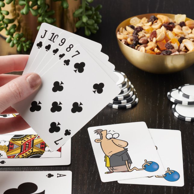 Funny Sad Bowler Character with Bowling Ball Poker Cards (In Situ)