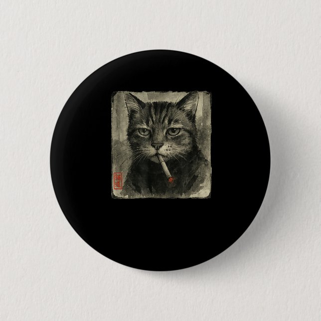 Funny Sad Cat Smoking Cigarette Meme Lover Sumi-e  Button (Front)