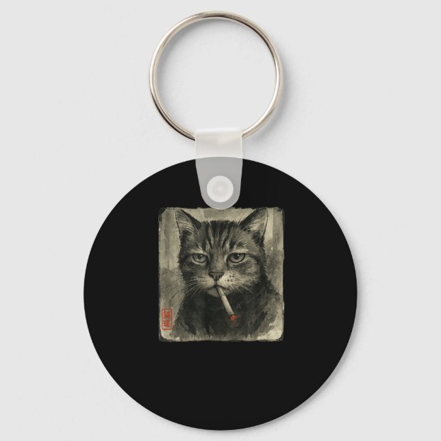 Funny Sad Cat Smoking Cigarette Meme Lover Sumi-e  Keychain (Front)