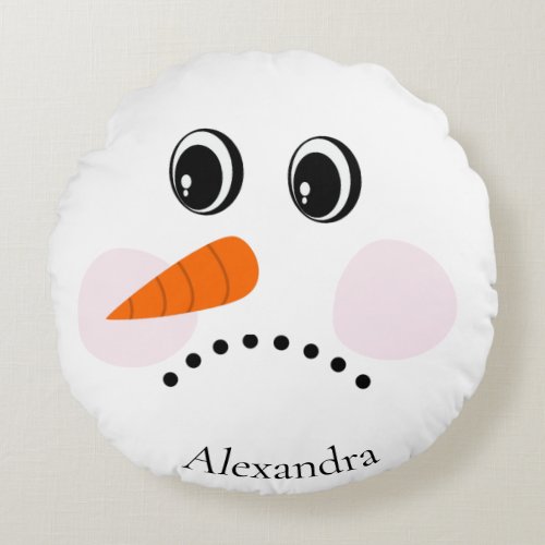 Funny Sad  Happy Snowman Face Monogrammed Name Round Pillow