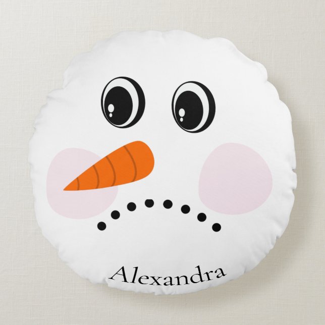 Funny Sad / Happy Snowman Face Monogrammed Name Round Pillow (Front)