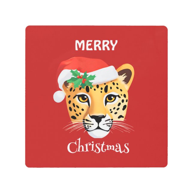 Funny Safari animals Cheetah leopard Santa Xmas Metal Print (Front)