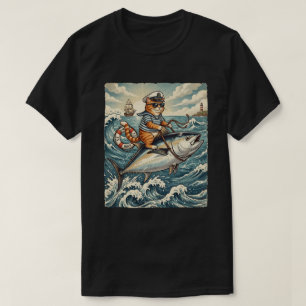 Funny Sailor Cat Riding Tuna Fish Vintage T-Shirt
